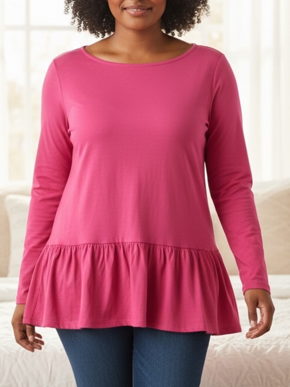 ANTHROPOLOGIE MAEVE knit top, pink sz XL, long length, 6” ruffle